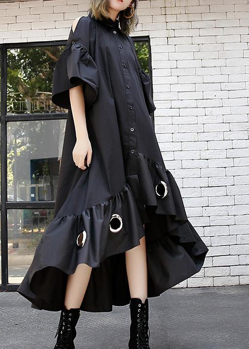 Italian Black Hollow Out Cotton Quilting Dresses Asymmetric Hem Traveling Summer Patchwork Dress