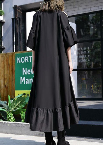 Italian Black Hollow Out Cotton Quilting Dresses Asymmetric Hem Traveling Summer Patchwork Dress