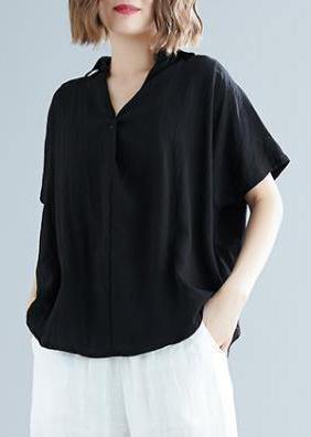 Italian Black Linen Cotton Blouse Pakistani Fabrics V Neck Button Down Knee Summer Blouses