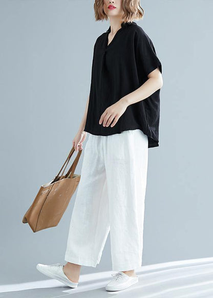 Italian Black Linen Cotton Blouse Pakistani Fabrics V Neck Button Down Knee Summer Blouses