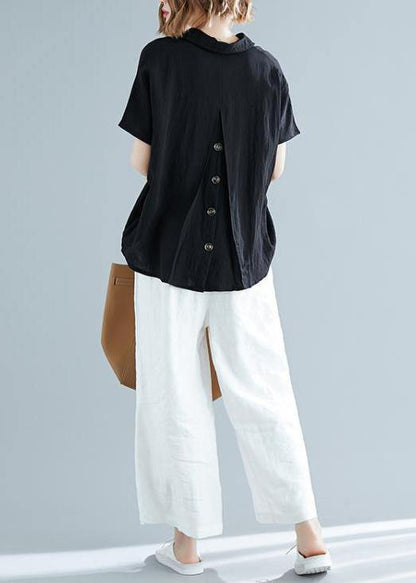 Italian Black Linen Cotton Blouse Pakistani Fabrics V Neck Button Down Knee Summer Blouses