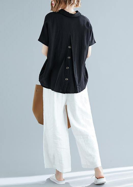 Italian Black Linen Cotton Blouse Pakistani Fabrics V Neck Button Down Knee Summer Blouses
