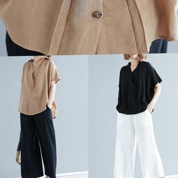 Italian Black Linen Cotton Blouse Pakistani Fabrics V Neck Button Down Knee Summer Blouses