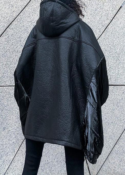 Italian Black Linen Cotton Shirts Inspiration Hooded Batwing Sleeve Fall Top