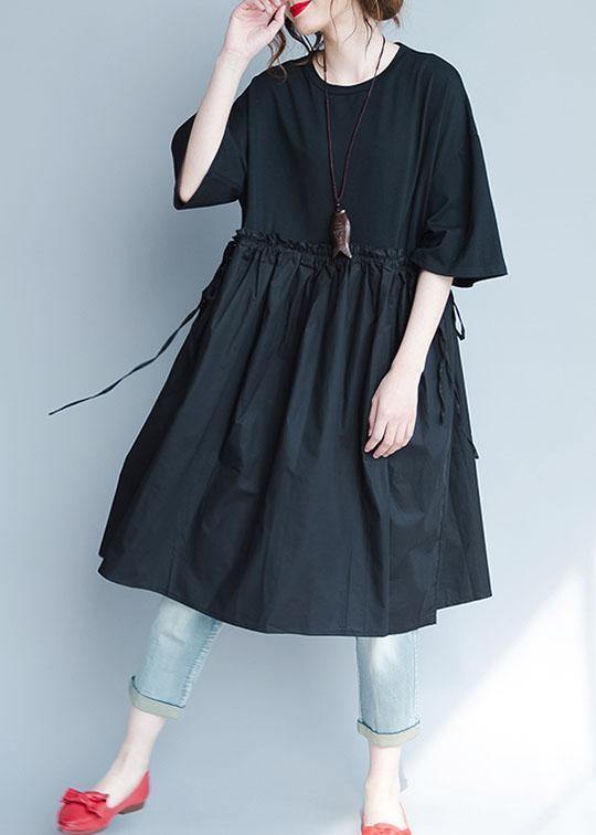 Italian Black Linen Quilting Dresses Ruffles Loose Summer Dress