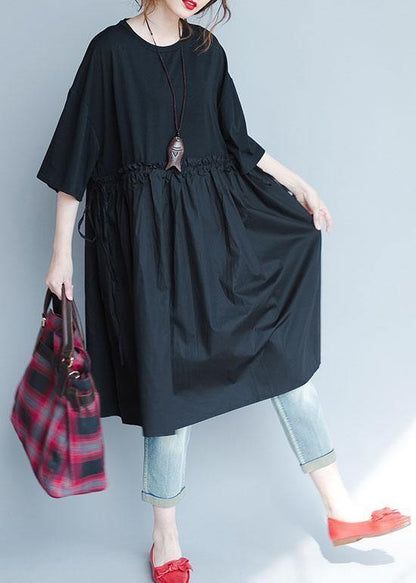 Italian Black Linen Quilting Dresses Ruffles Loose Summer Dress