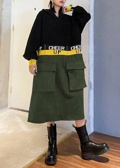 Italian Black Patchwork Long Shirts Hooded a Line Dress