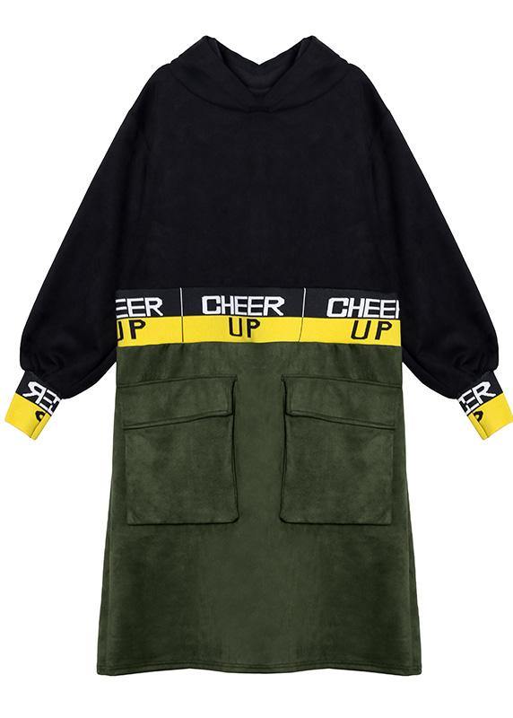 Italian Black Patchwork Long Shirts Hooded a Line Dress
