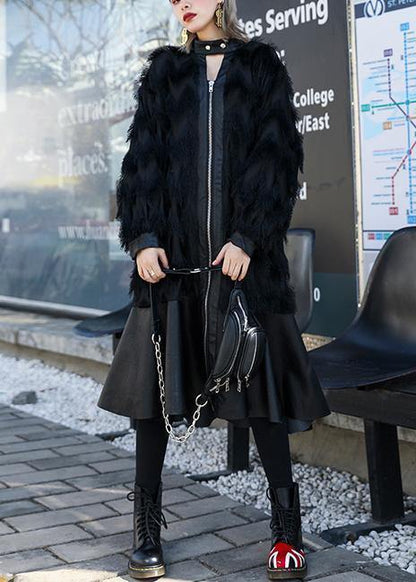 Italian Black Patchwork Pu Fine Coats Pattern Stand Collar Tassel Fall Coats