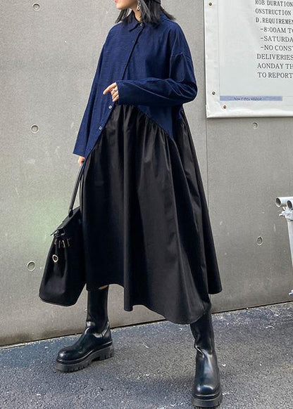 Italian Black Patchwork Blue Dress Lapel Cinched Oversized Dress
