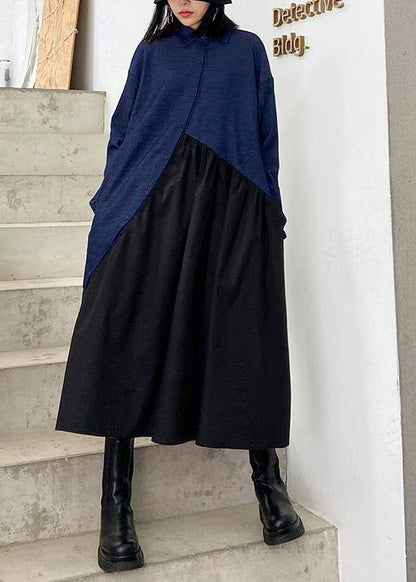 Italian Black Patchwork Blue Dress Lapel Cinched Oversized Dress