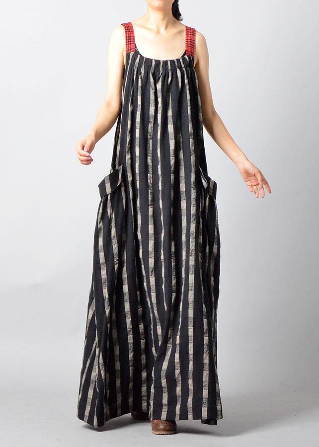 Italian Black Patchwork Linen Robes Sleeveless Traveling Fall Dress