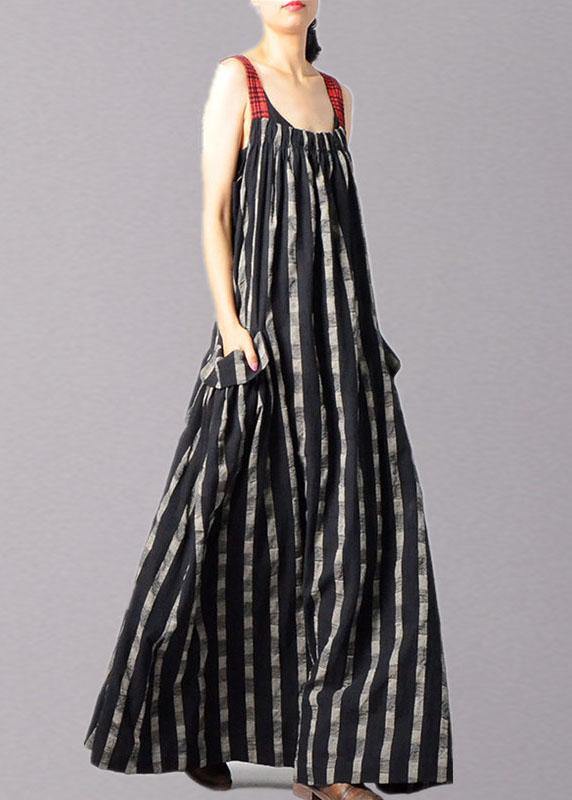 Italian Black Patchwork Linen Robes Sleeveless Traveling Fall Dress