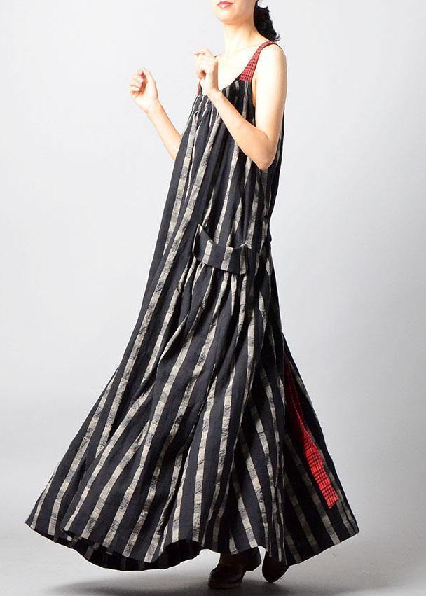 Italian Black Patchwork Linen Robes Sleeveless Traveling Fall Dress
