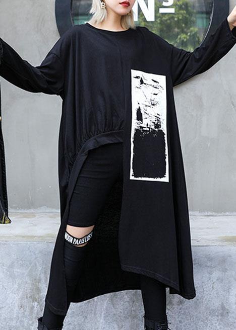 Italian Black Prints Cotton Dress Asymmetric Midi Fall Dress