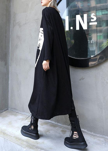 Italian Black Prints Cotton Dress Asymmetric Midi Fall Dress