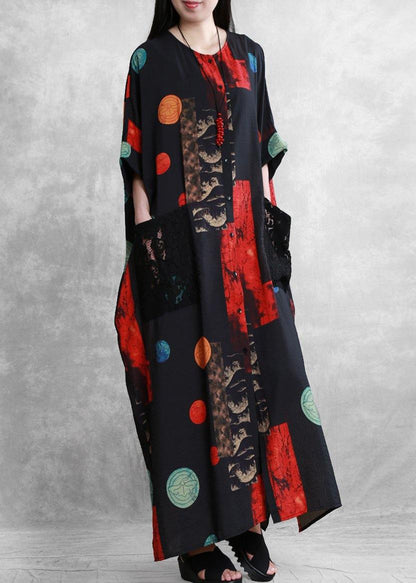 Italian Black Red Print Dress O Neck Patchwork Lace Maxi Dress