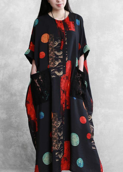 Italian Black Red Print Dress O Neck Patchwork Lace Maxi Dress
