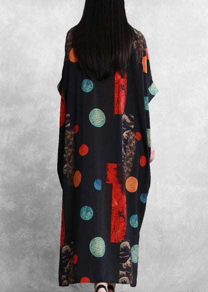 Italian Black Red Print Dress O Neck Patchwork Lace Maxi Dress