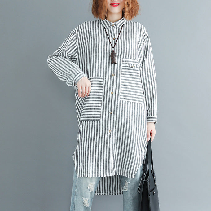 Italian Black White Striped Linen Clothes for Shape Side Open Dresses Spring Dress