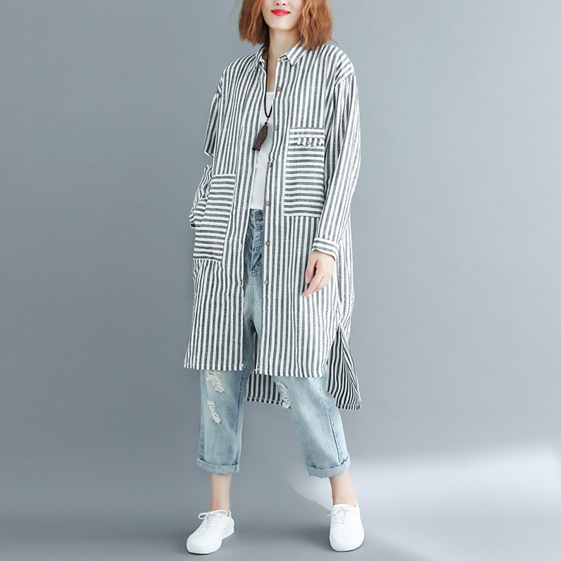 Italian Black White Striped Linen Clothes for Shape Side Open Dresses Spring Dress
