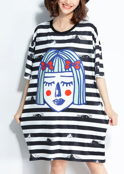 Italian Black White Striped Silk Blended Clothes Organic Outfits O Neck Baggy Short Summer Dress