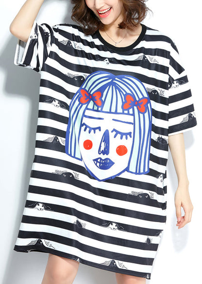 Italian Black White Striped Silk Blended Clothes Organic Outfits O Neck Baggy Short Summer Dress