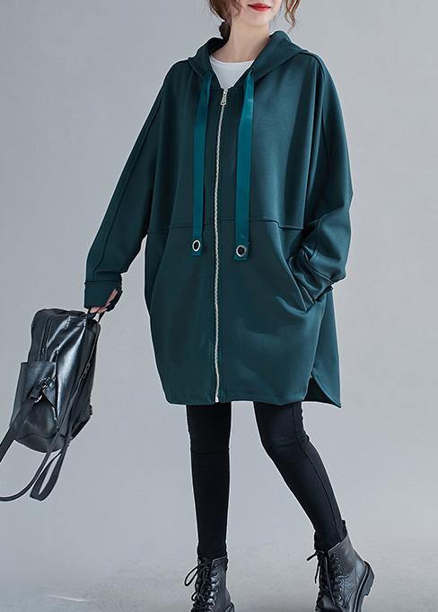 Italian Blackish Green Long Coats Photography Hooded Zippered Outwears