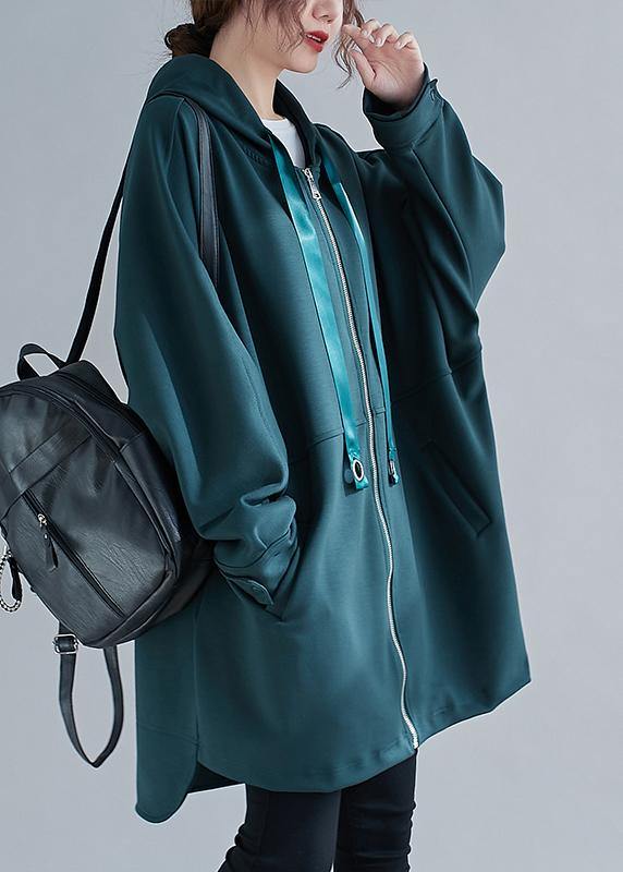 Italian Blackish Green Long Coats Photography Hooded Zippered Outwears