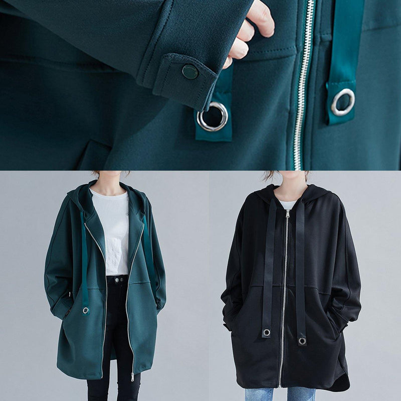 Italian Blackish Green Long Coats Photography Hooded Zippered Outwears