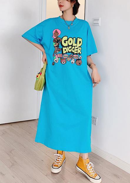 Italian Blue Cartoon Print Tunic Pattern O Neck Side Open Cotton Dress