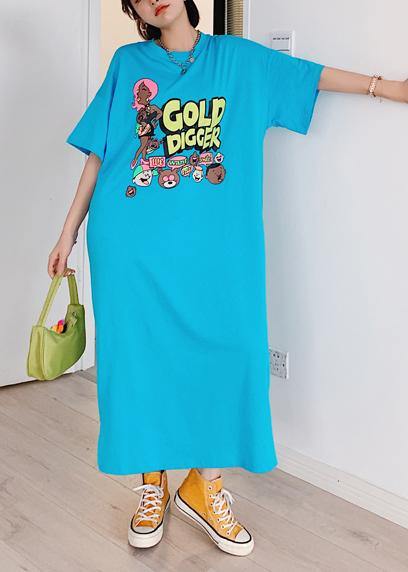 Italian Blue Cartoon Print Tunic Pattern O Neck Side Open Cotton Dress