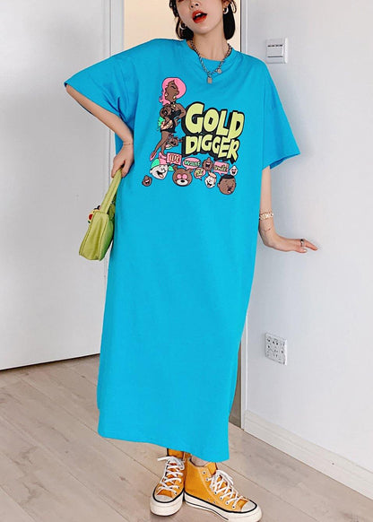 Italian Blue Cartoon Print Tunic Pattern O Neck Side Open Cotton Dress