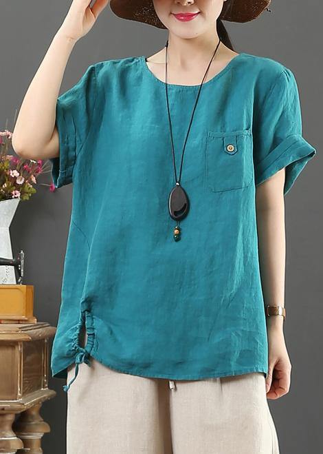 Italian Blue Linen Clothes for O Neck Pockets Clothing Summer Tops