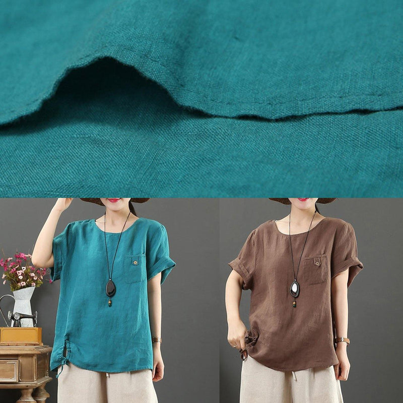 Italian Blue Linen Clothes for O Neck Pockets Clothing Summer Tops