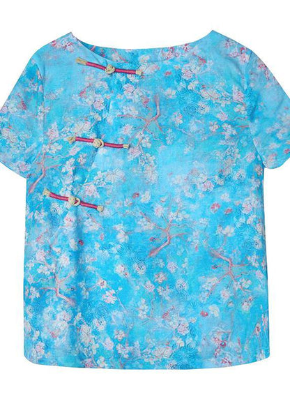 Italian Blue Linen Clothes O Neck Tunic Short Sleeve Shirt