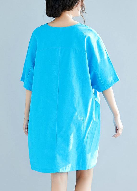 Italian Blue Linen Cotton Clothes V Neck Half Sleeve Loose Summer Dresses