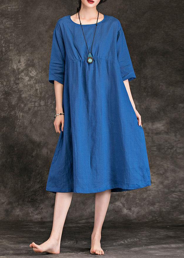 Italian Blue Linen Dress O Neck Cinched Three Quarter Sleeve Summer Dress