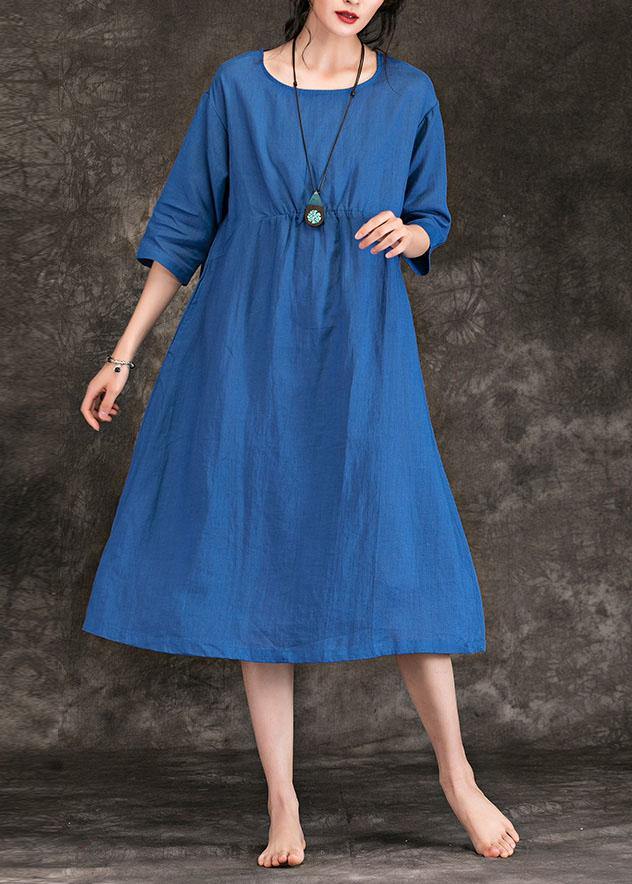Italian Blue Linen Dress O Neck Cinched Three Quarter Sleeve Summer Dress