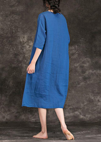 Italian Blue Linen Dress O Neck Cinched Three Quarter Sleeve Summer Dress