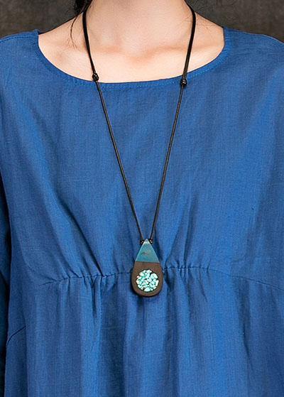 Italian Blue Linen Dress O Neck Cinched Three Quarter Sleeve Summer Dress