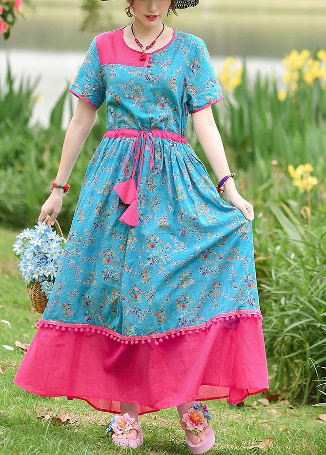 Italian Blue Print Cotton Dresses O Neck Drawstring Maxi Summer Dresses