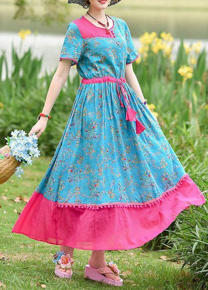Italian Blue Print Cotton Dresses O Neck Drawstring Maxi Summer Dresses