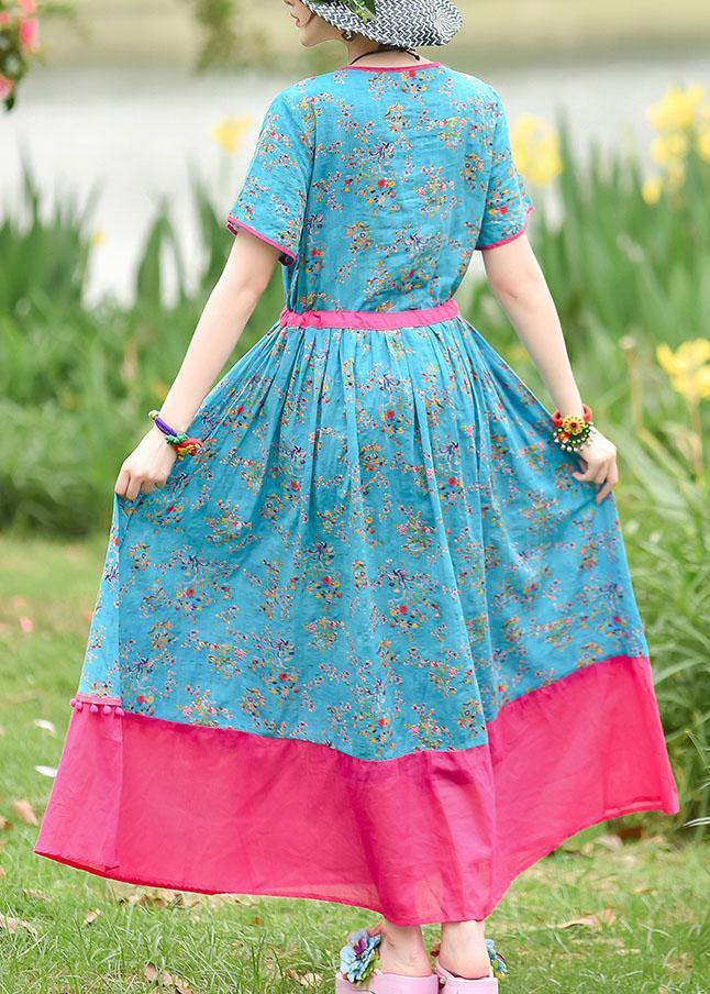 Italian Blue Print Cotton Dresses O Neck Drawstring Maxi Summer Dresses