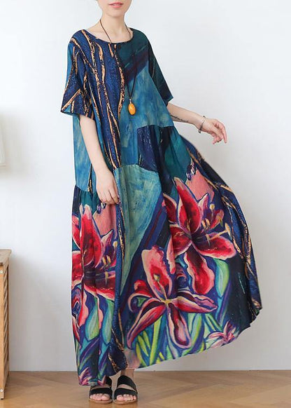 Italian Blue Print Linen Clothes O Neck Extra Large Hem Dresses Summer Dress