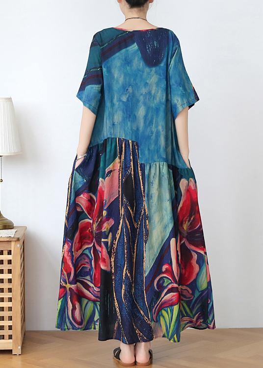 Italian Blue Print Linen Clothes O Neck Extra Large Hem Dresses Summer Dress
