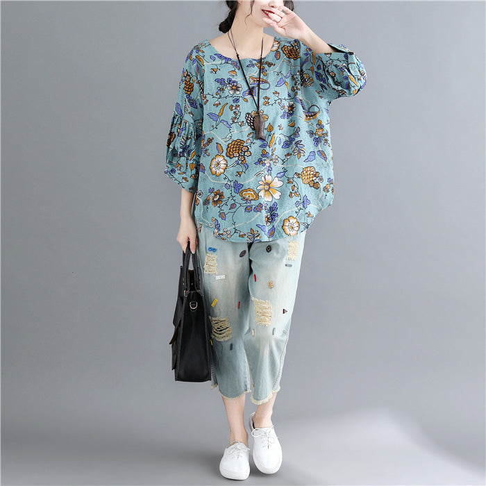 Italian Blue Print Linen Crane Tops Omychic Shape O Neck Daily Tops