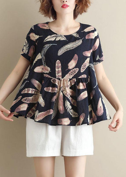 Italian Blue Prints Cotton Tunic O Neck Cotton Summer Shirt