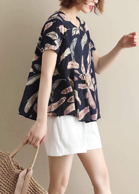 Italian Blue Prints Cotton Tunic O Neck Cotton Summer Shirt