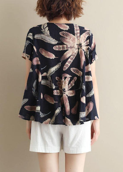Italian Blue Prints Cotton Tunic O Neck Cotton Summer Shirt